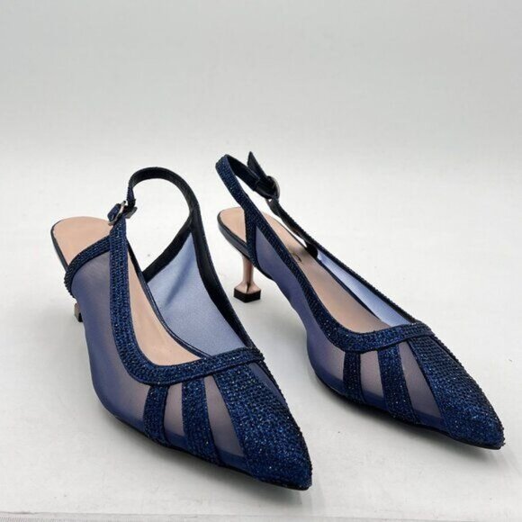 XYD Navy Bridal Slingback Pump Pointed Toe Slip On Mesh Rhinestone Low Heel Shoe - Picture 4 of 8